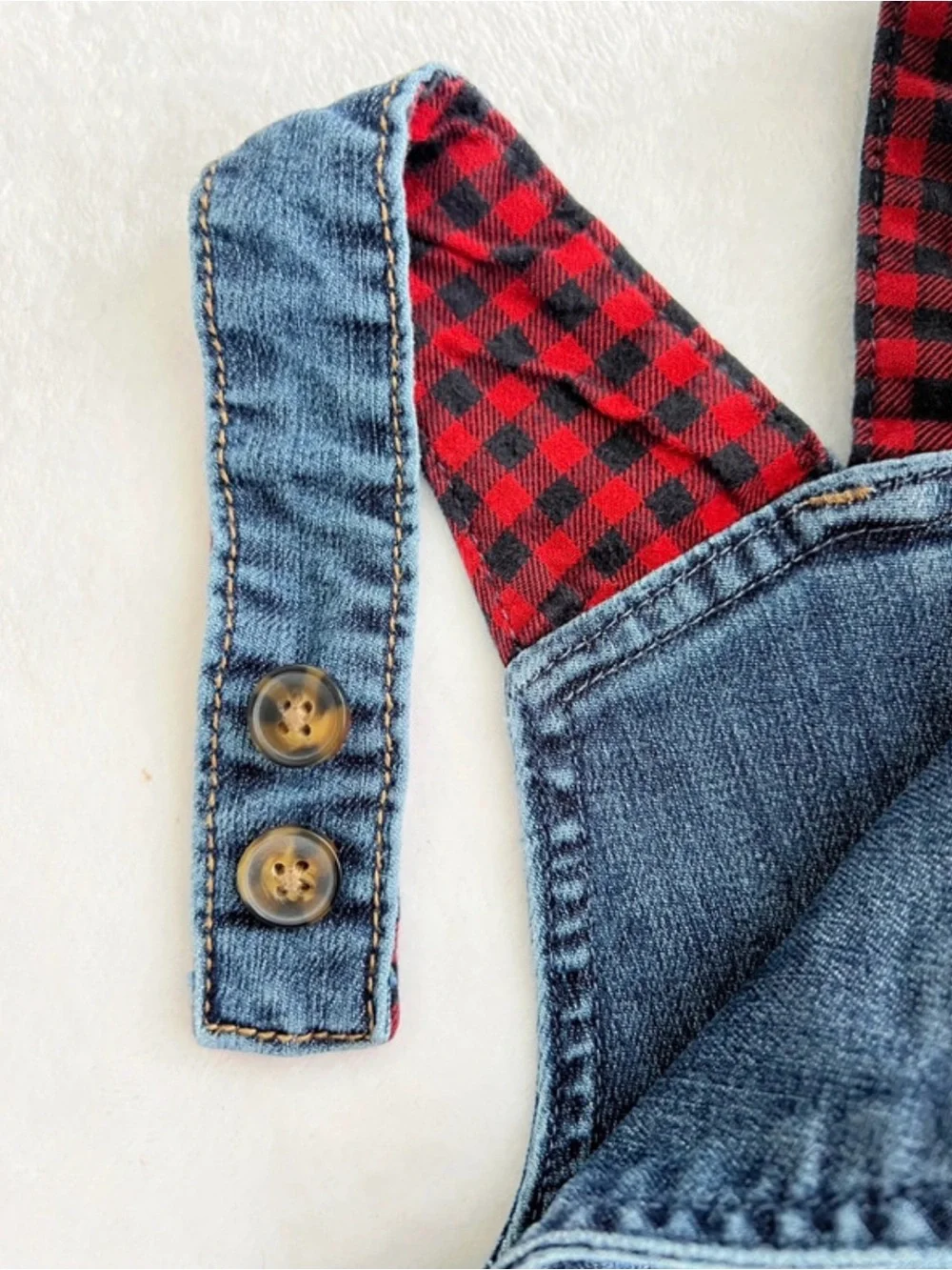 Carter's Kid Denim Overalls with Red Plaid Lining 9 Months